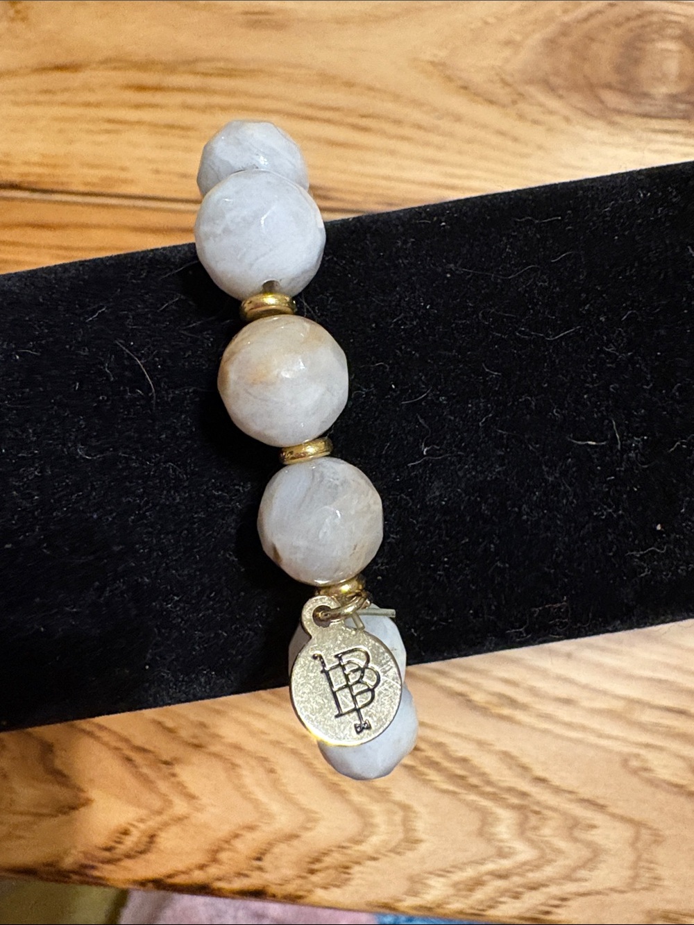 Bourbon and Bowties White & Gray Beaded Bracelet with Gold Charm